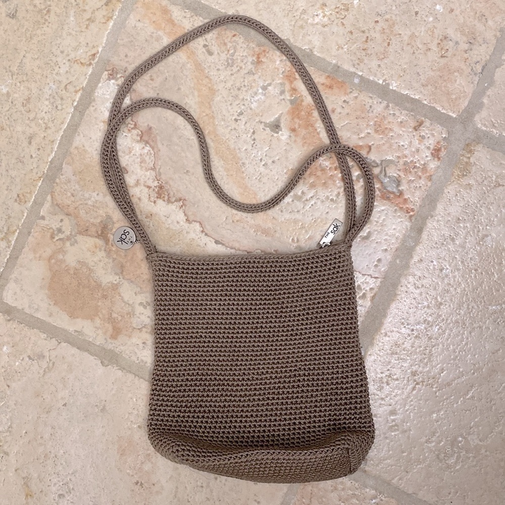 The Sak Double Handle Crochet Purse hand bag shoulder bag beige zipper top small